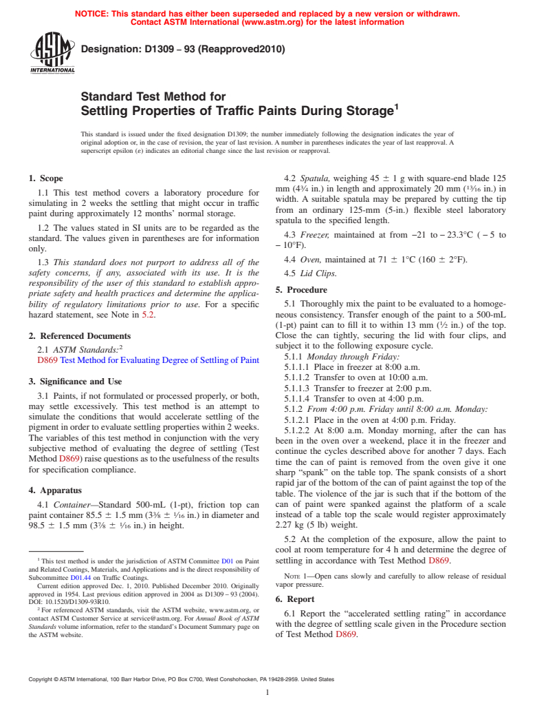 ASTM D1309-93(2010) - Standard Test Method for Settling Properties of Traffic Paints During Storage