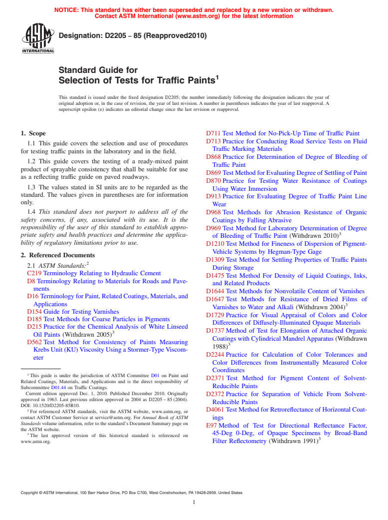 ASTM D2205-85(2010) - Standard Guide for Selection of Tests for Traffic Paints