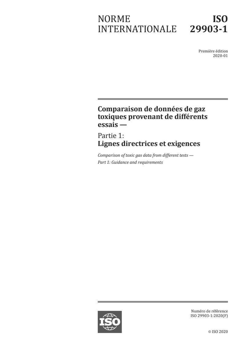 ISO 29903-1:2020 - Comparaison de données de gaz toxiques provenant de différents essais — Partie 1: Lignes directrices et exigences
Released:3/26/2020