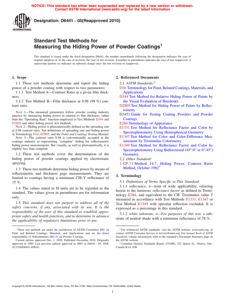 ASTM D6441-05(2010) - Standard Test Methods for Measuring the Hiding Power of Powder Coatings