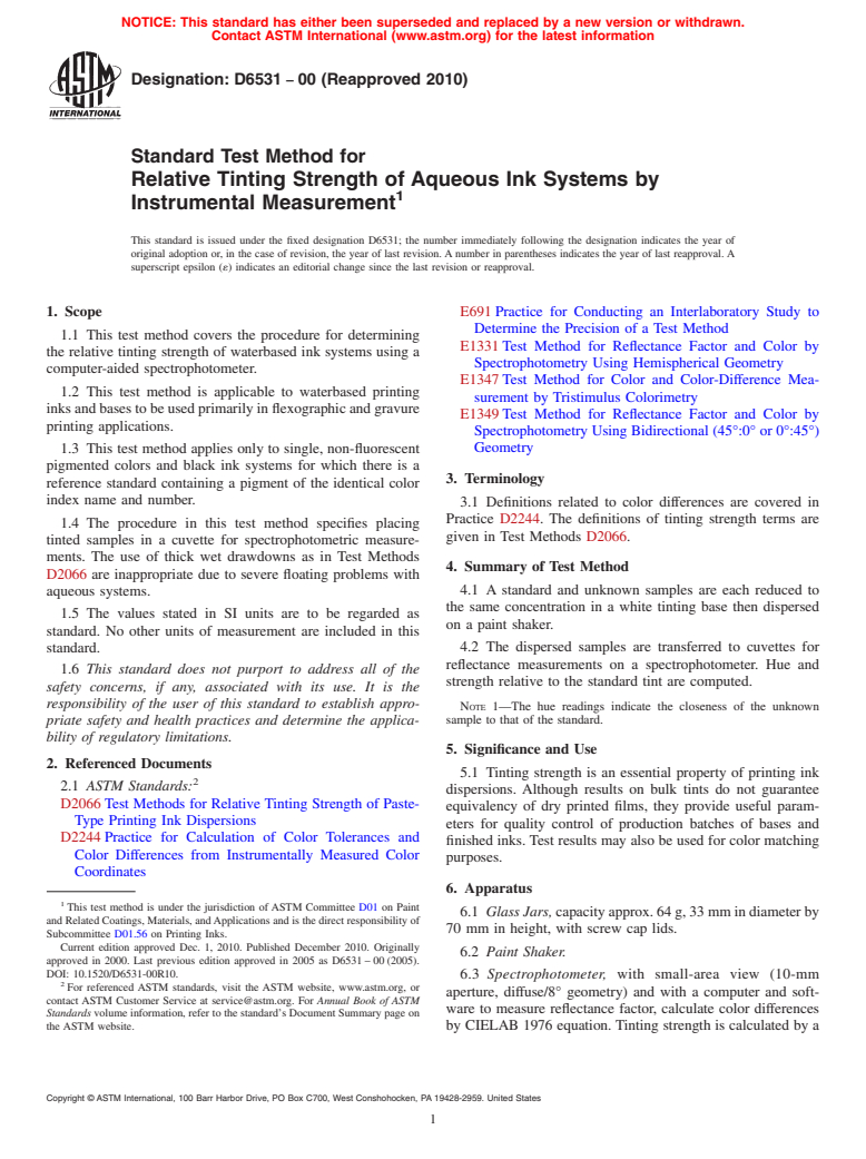 ASTM D6531-00(2010) - Standard Test Method for Relative Tinting Strength of Aqueous Ink Systems by Instrumental Measurement