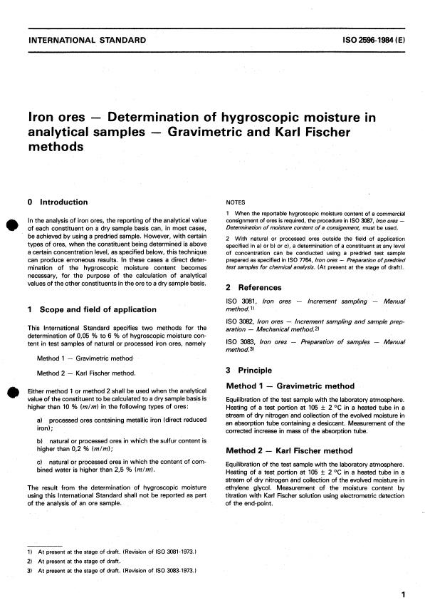 ISO 2596:1984 - Iron ores -- Determination of hygroscopic moisture in analytical samples -- Gravimetric and Karl Fischer methods