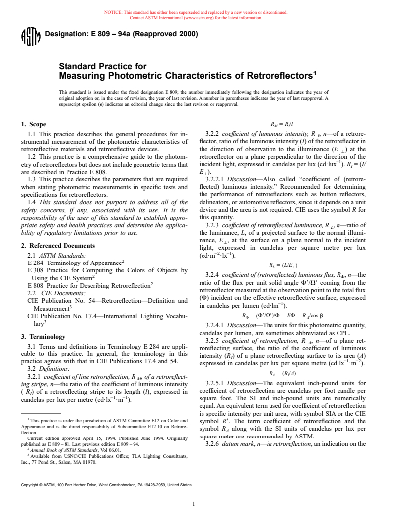 ASTM E809-94a(2000) - Standard Practice for Measuring Photometric Characteristics of Retroreflectors