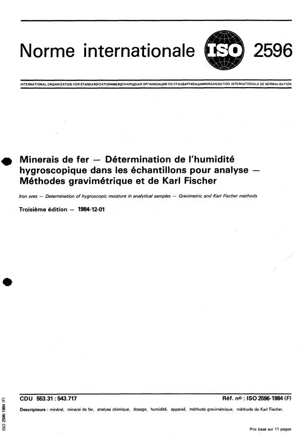 ISO 2596:1984 - Minerais de fer -- Détermination de l'humidité hygroscopique dans les échantillons pour analyse -- Méthodes gravimétrique et de Karl Fischer