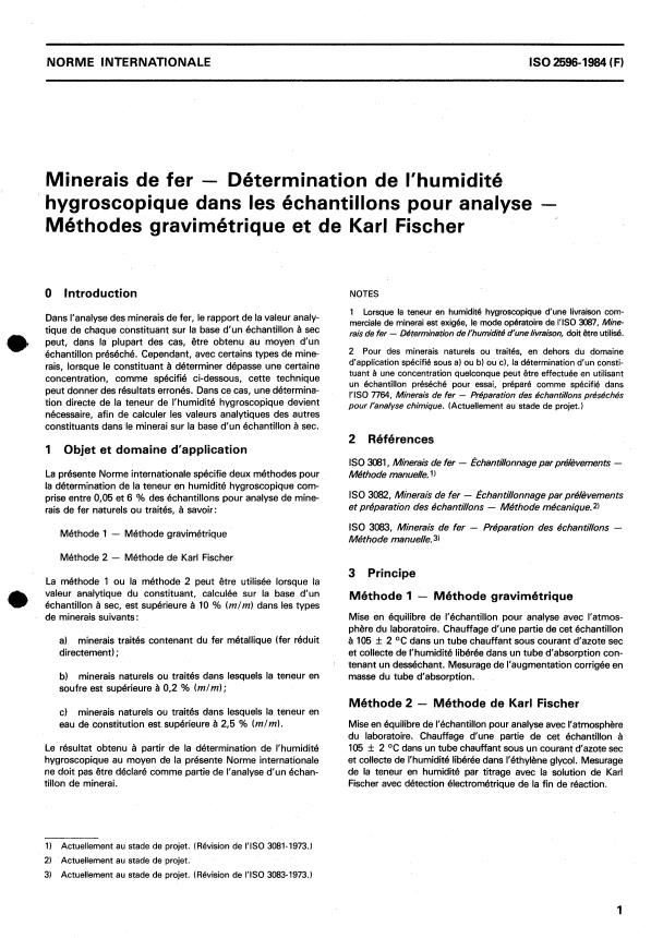 ISO 2596:1984 - Minerais de fer -- Détermination de l'humidité hygroscopique dans les échantillons pour analyse -- Méthodes gravimétrique et de Karl Fischer