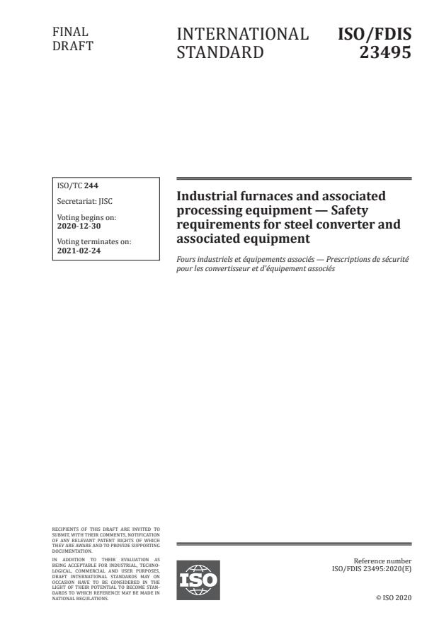 ISO/FDIS 23495:Version 26-dec-2020 - Industrial furnaces and associated processing equipment -- Safety requirements for steel converter and associated equipment