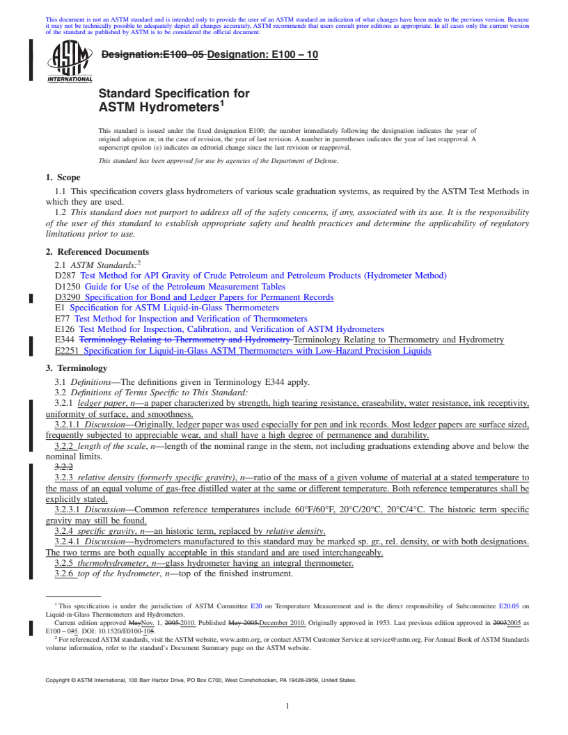 REDLINE ASTM E100-10 - Standard Specification for ASTM Hydrometers