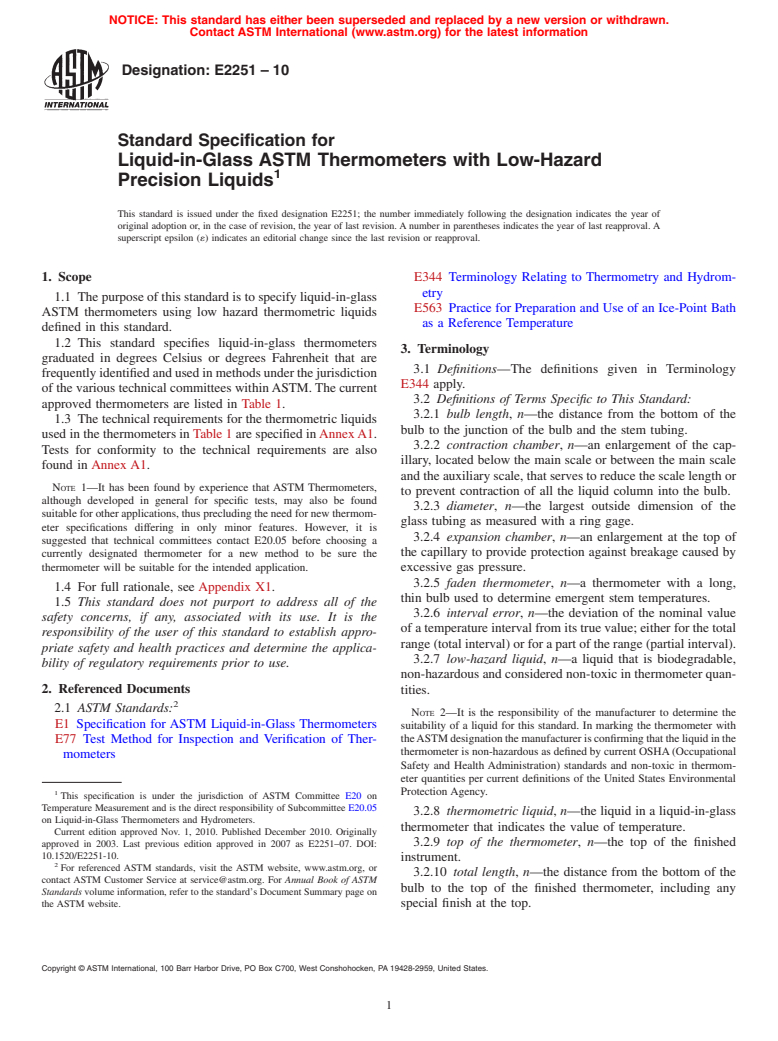 ASTM E2251-10 - Standard Specification for Liquid-in-Glass ASTM Thermometers with Low-Hazard Precision Liquids