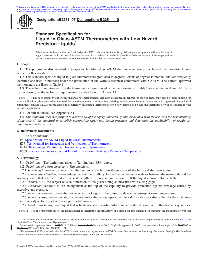 REDLINE ASTM E2251-10 - Standard Specification for Liquid-in-Glass ASTM Thermometers with Low-Hazard Precision Liquids