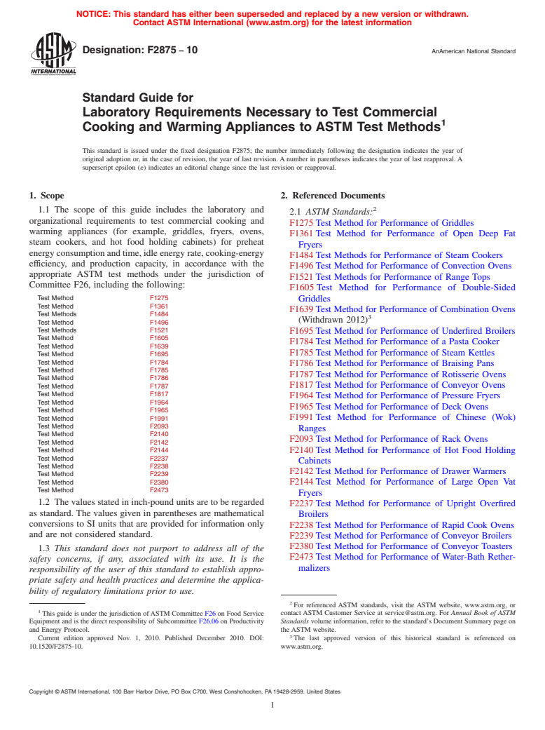 ASTM F2875-10 - Standard Guide for Laboratory Requirements Necessary to Test Commercial Cooking and Warming Appliances to ASTM Test Methods