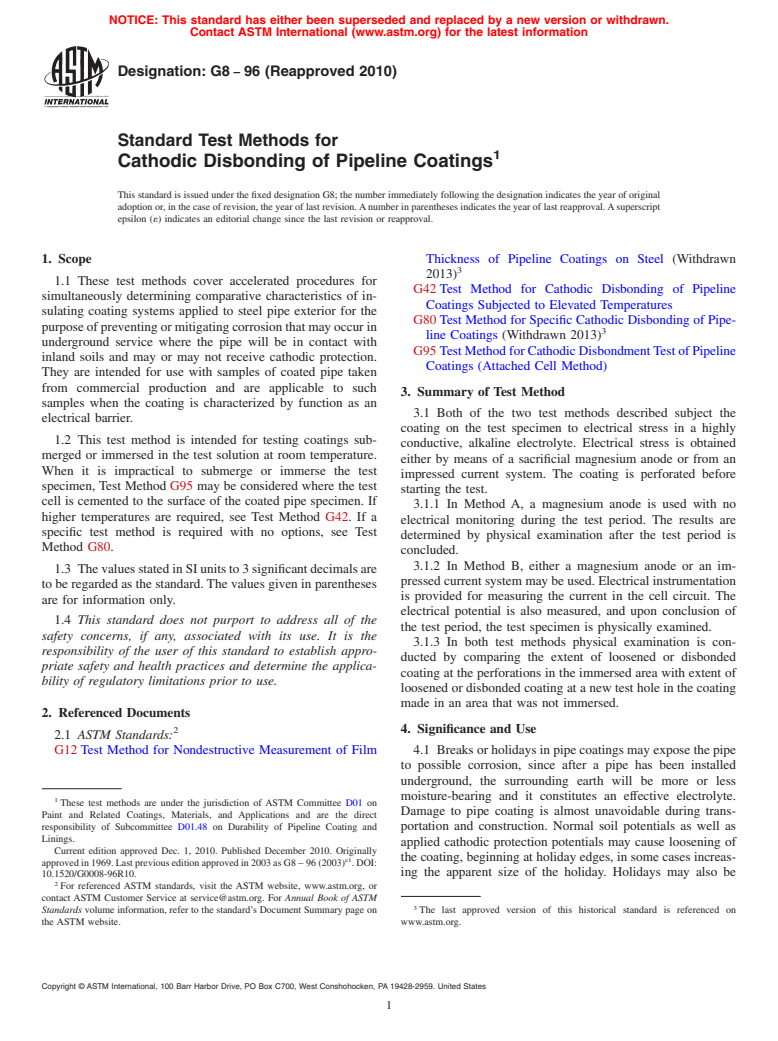 ASTM G8-96(2010) - Standard Test Methods for Cathodic Disbonding of Pipeline Coatings