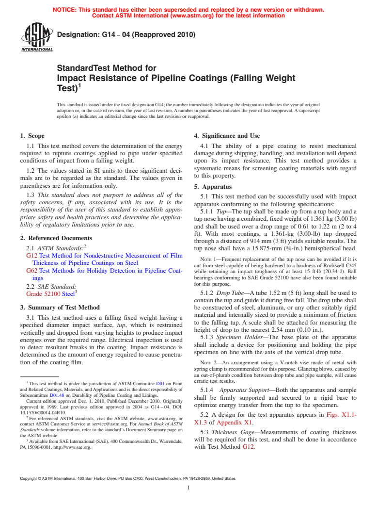 ASTM G14-04(2010) - Standard Test Method for Impact Resistance of Pipeline Coatings (Falling Weight Test)