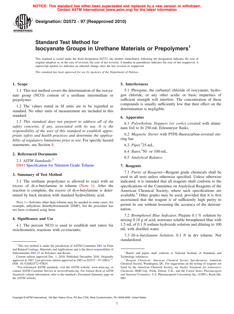 ASTM D2572-97(2010) - Standard Test Method for Isocyanate Groups in Urethane Materials or Prepolymers (Withdrawn 2019)