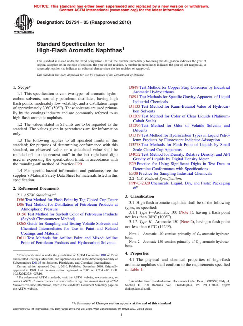 ASTM D3734-05(2010) - Standard Specification for High-Flash Aromatic Naphthas