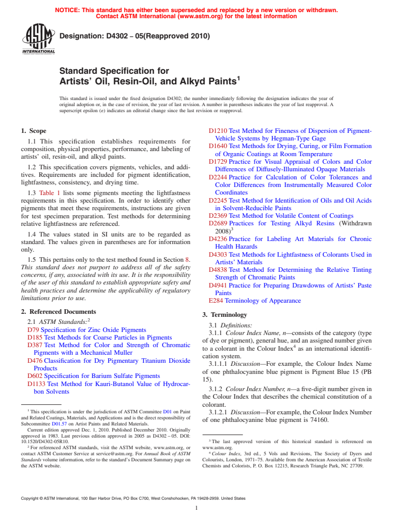 ASTM D4302-05(2010) - Standard Specification for Artists' Oil, Resin-Oil, and Alkyd Paints