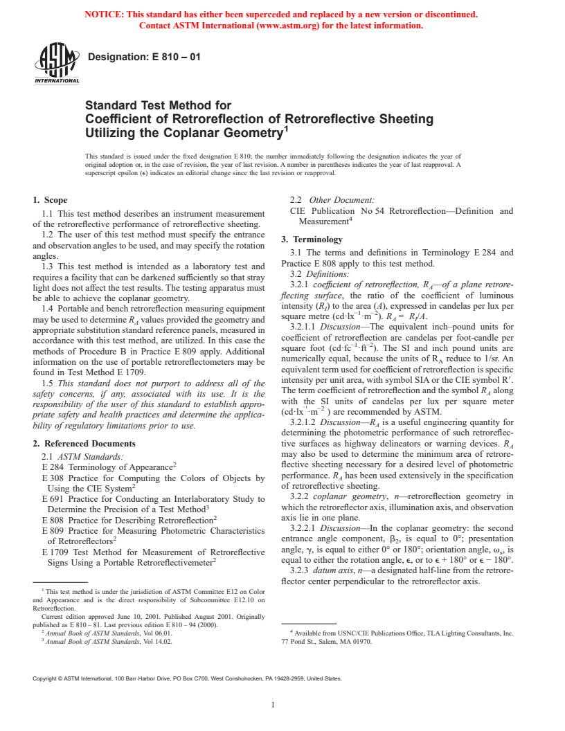 ASTM E810-01 - Standard Test Method for Coefficient of Retroreflection of Retroreflective Sheeting Utilizing the Coplanar Geometry