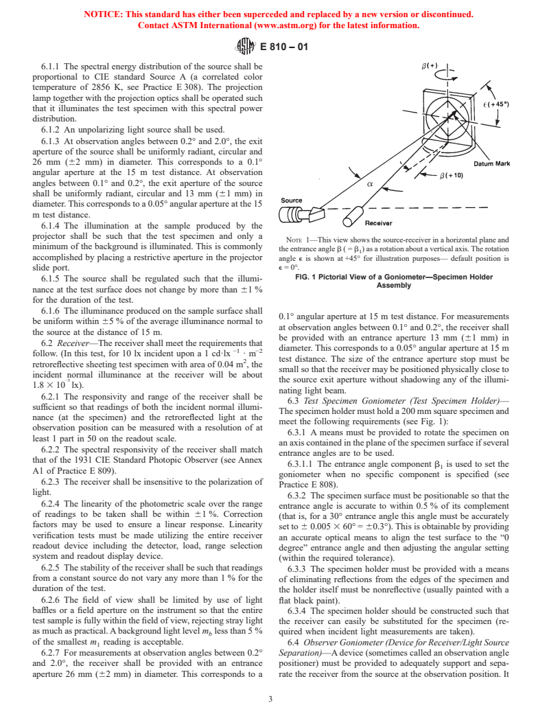 ASTM E810-01 - Standard Test Method for Coefficient of Retroreflection of Retroreflective Sheeting Utilizing the Coplanar Geometry