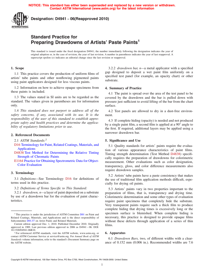 ASTM D4941-06(2010) - Standard Practice for Preparing Drawdowns of Artists' Paste Paints