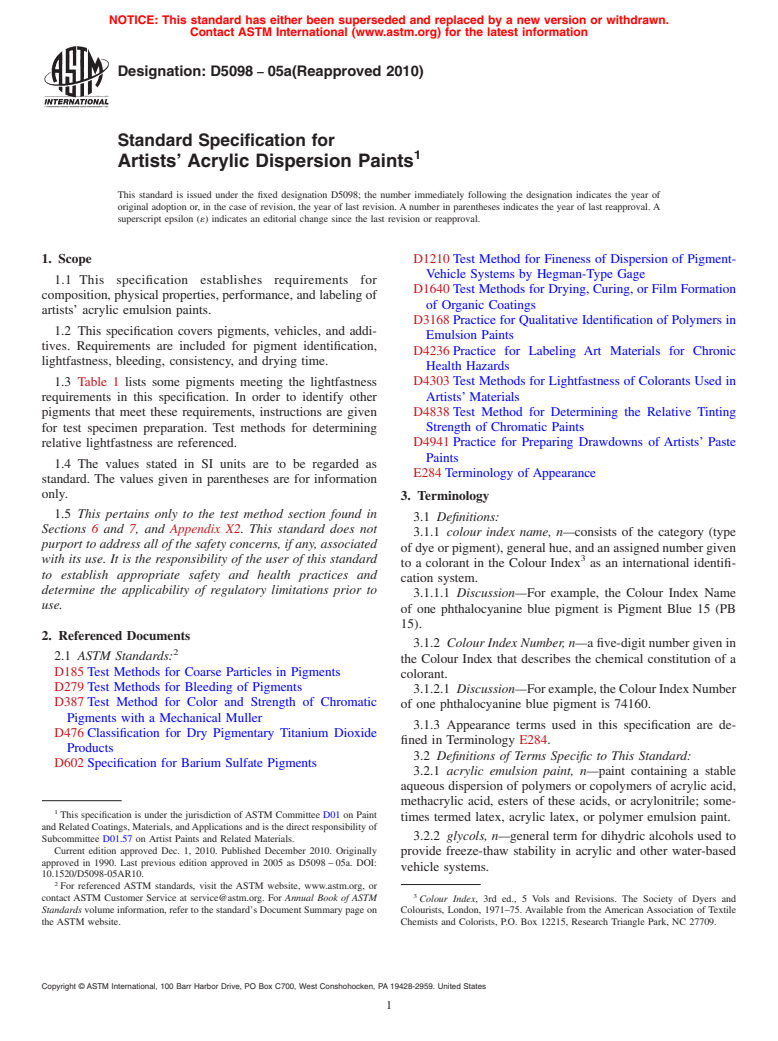 ASTM D5098-05a(2010) - Standard Specification for Artists' Acrylic Dispersion Paints