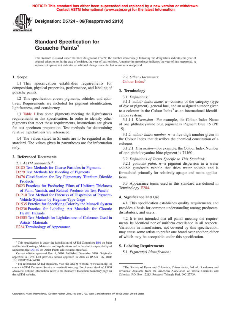 ASTM D5724-06(2010) - Standard Specification for Gouache Paints