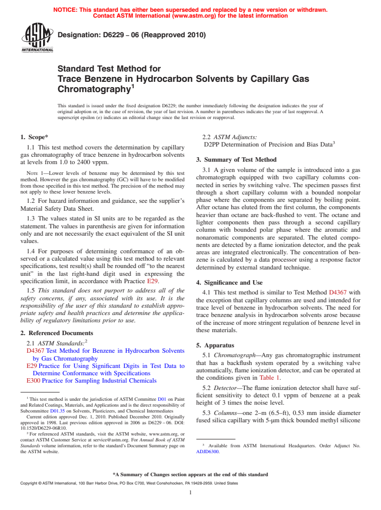 ASTM D6229-06(2010) - Standard Test Method for Trace Benzene in Hydrocarbon Solvents by Capillary Gas Chromatography