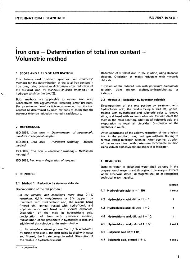 ISO 2597:1973 - Iron ores -- Determination of total iron content -- Volumetric method