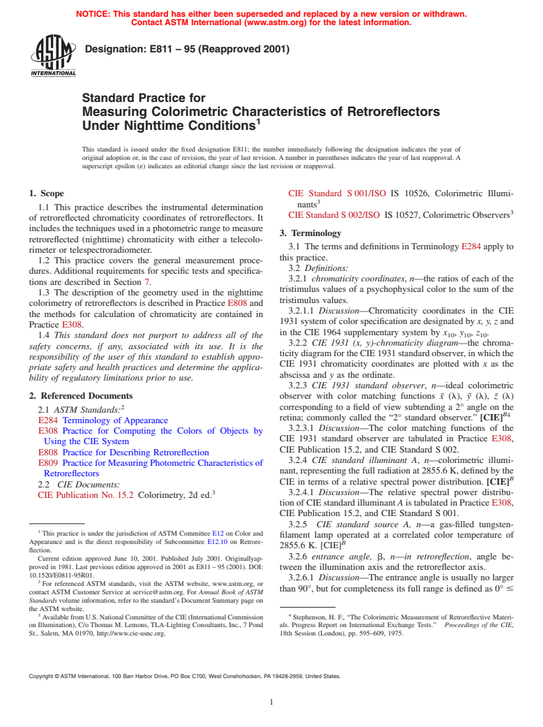 ASTM E811-95(2001) - Standard Practice for Measuring Colorimetric Characteristics of Retroreflectors Under Nighttime Conditions