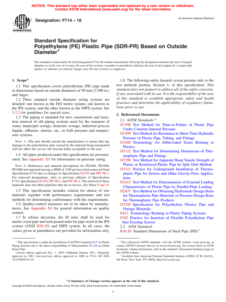 ASTM F714-10 - Standard Specification for  Polyethylene (PE) Plastic Pipe (SDR-PR) Based on Outside Diameter