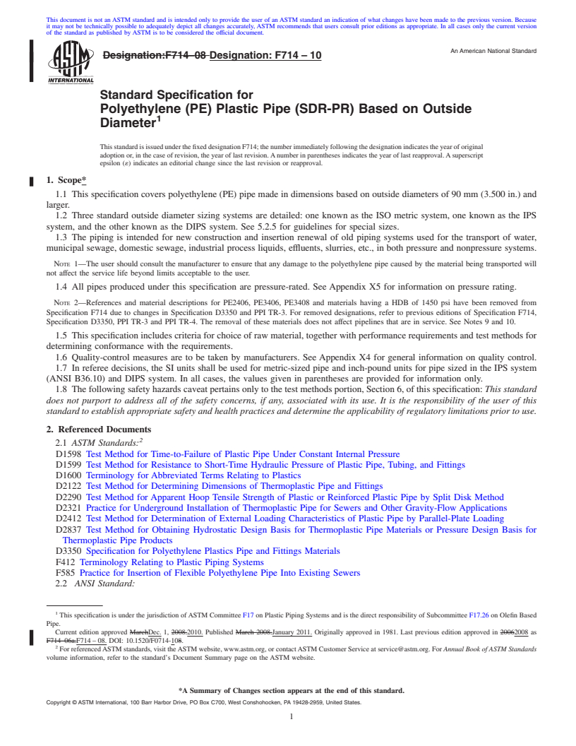 REDLINE ASTM F714-10 - Standard Specification for  Polyethylene (PE) Plastic Pipe (SDR-PR) Based on Outside Diameter