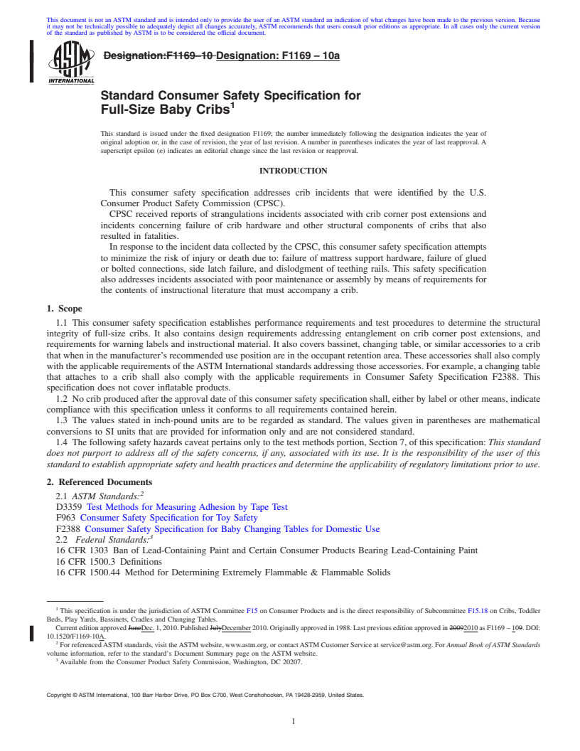 REDLINE ASTM F1169-10a - Standard Consumer Safety Specification for Full-Size Baby Cribs