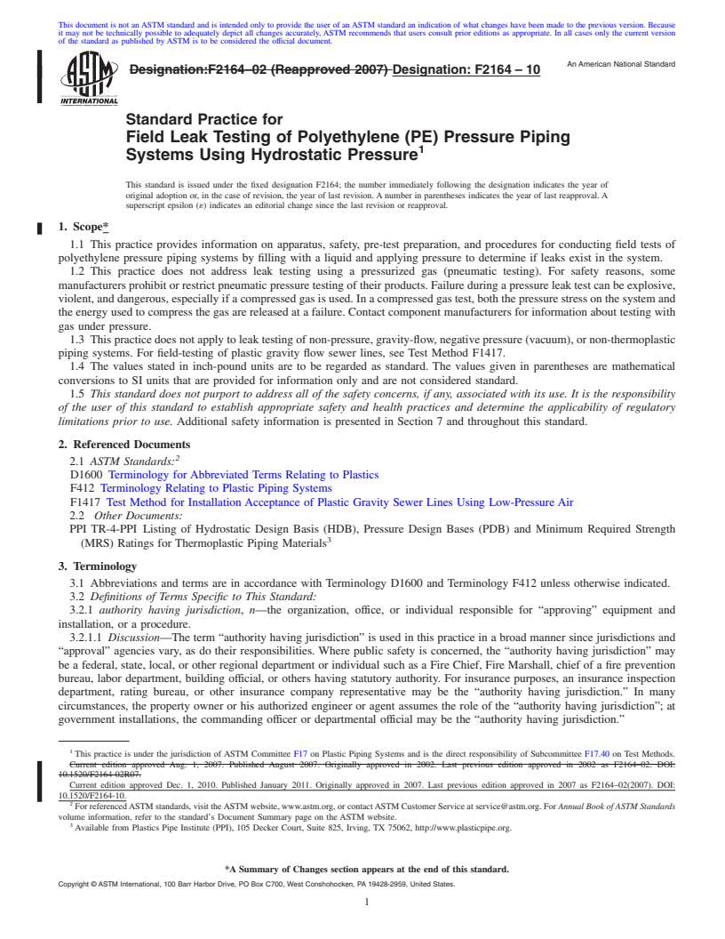 REDLINE ASTM F2164-10 - Standard Practice for Field Leak Testing of Polyethylene (PE) Pressure Piping Systems Using Hydrostatic Pressure