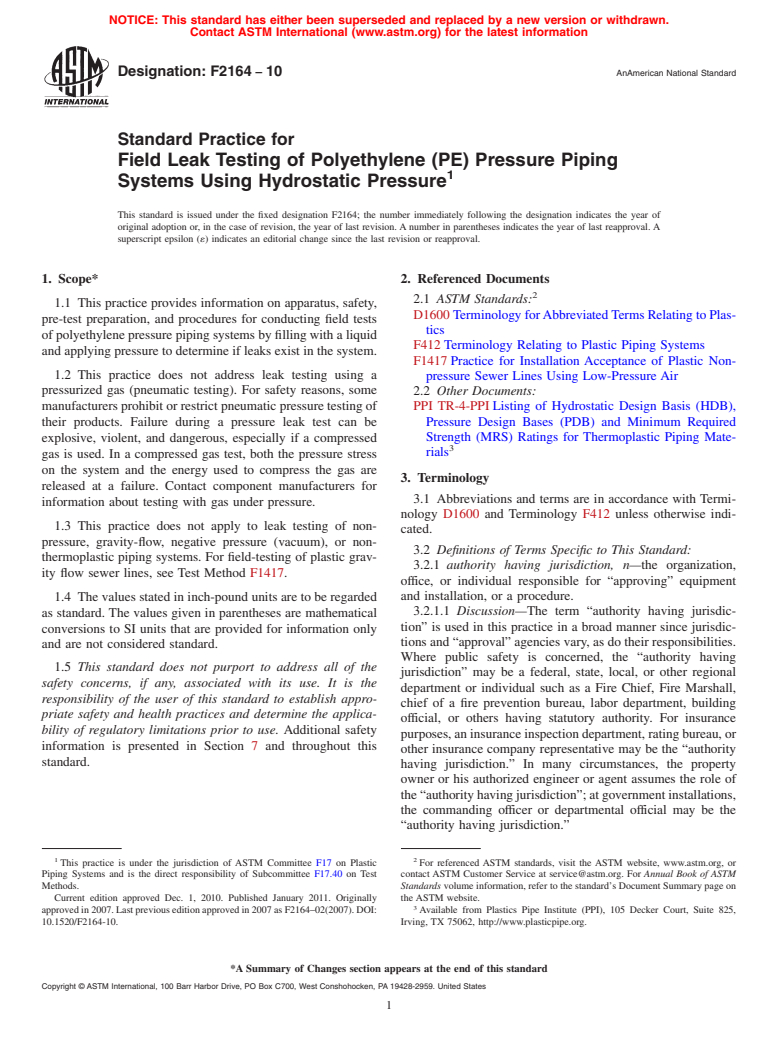 ASTM F2164-10 - Standard Practice for Field Leak Testing of Polyethylene (PE) Pressure Piping Systems Using Hydrostatic Pressure