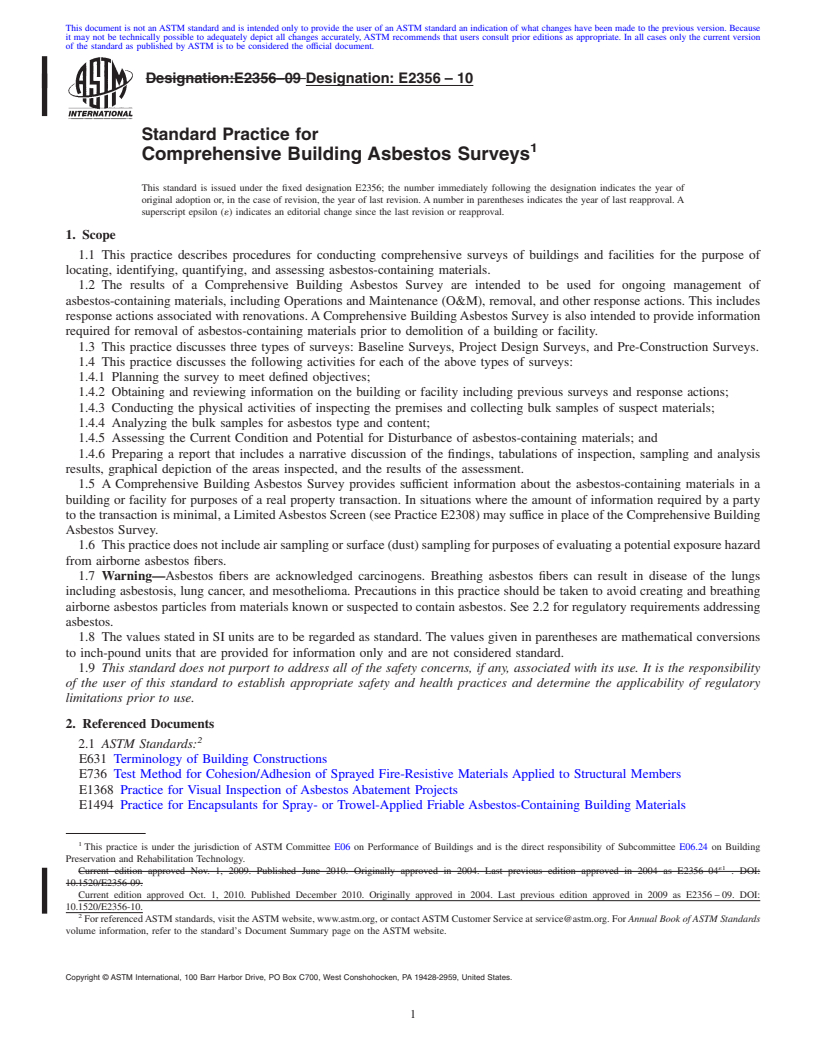 REDLINE ASTM E2356-10 - Standard Practice for Comprehensive Building Asbestos Surveys