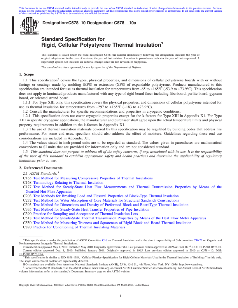 REDLINE ASTM C578-10a - Standard Specification for  Rigid, Cellular Polystyrene Thermal Insulation