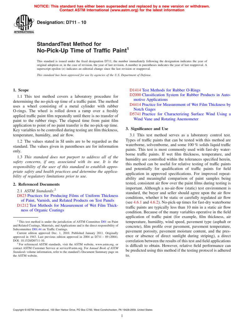 ASTM D711-10 - Standard Test Method for No-Pick-Up Time of Traffic Paint