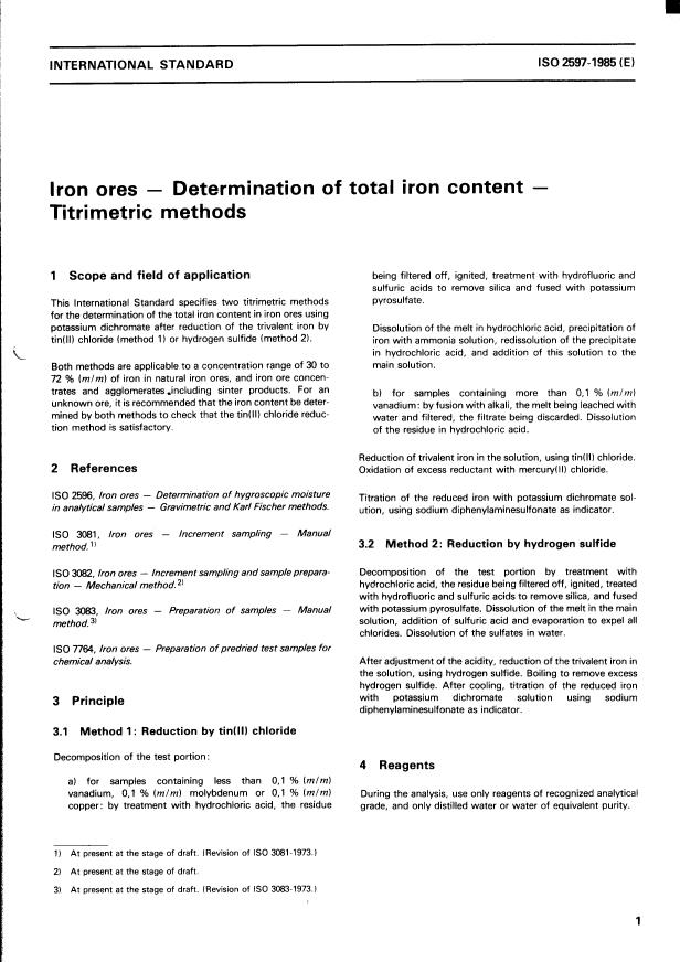 ISO 2597:1985 - Iron ores -- Determination of total iron content -- Titrimetric methods
