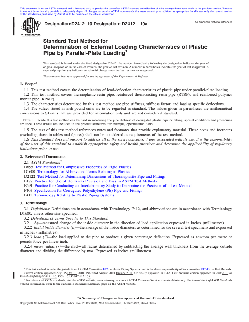 REDLINE ASTM D2412-10a - Standard Test Method for  Determination of External Loading Characteristics of Plastic Pipe by Parallel-Plate Loading