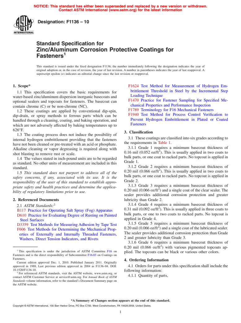 ASTM F1136-10 - Standard Specification for Zinc/Aluminum Corrosion Protective Coatings for Fasteners