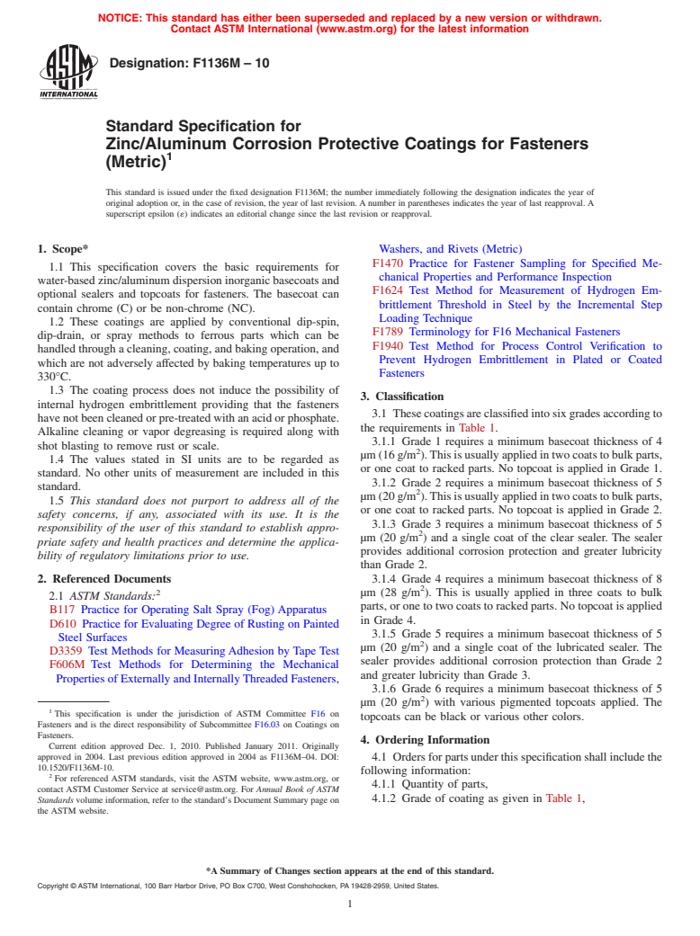 ASTM F1136M-10 - Standard Specification for Zinc/Aluminum Corrosion Protective Coatings for Fasteners [Metric] (Withdrawn 2011)