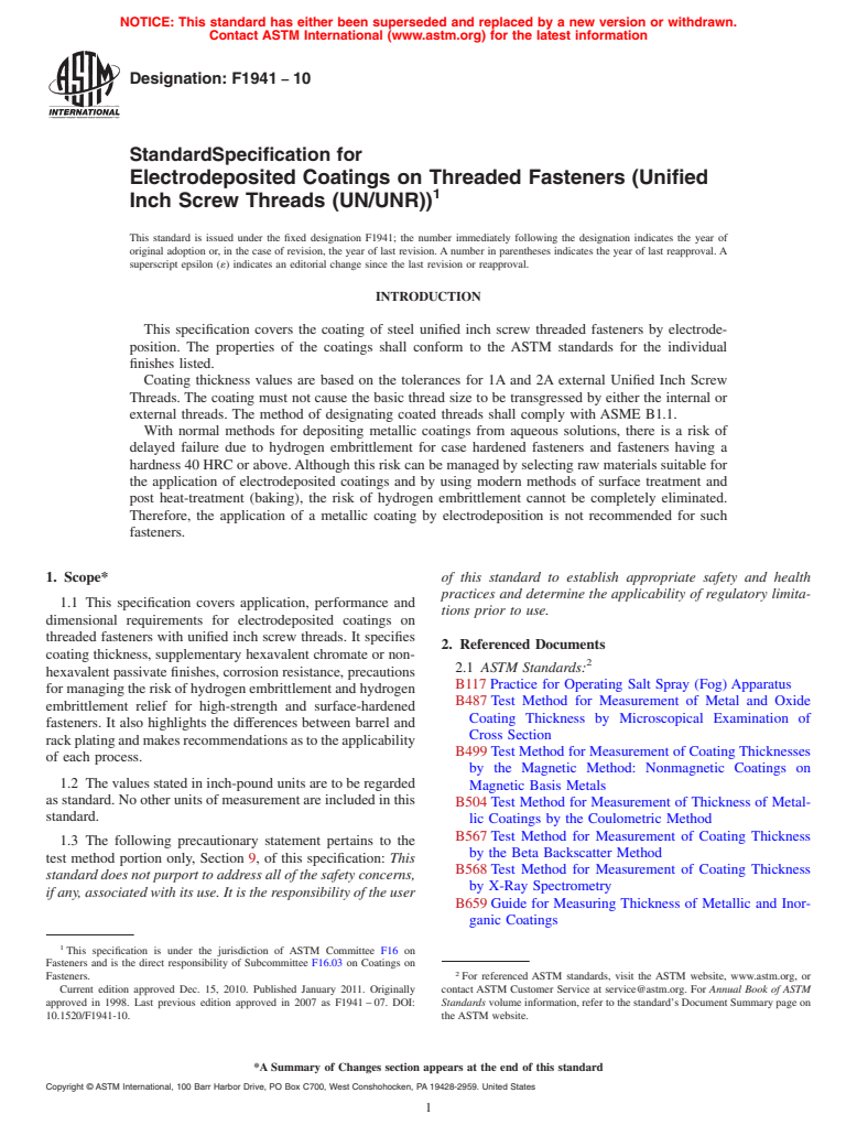 ASTM F1941-10 - Standard Specification for Electrodeposited Coatings on Threaded Fasteners (Unified Inch Screw Threads (UN/UNR))