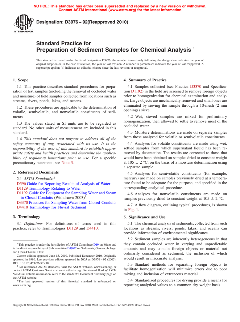 ASTM D3976-92(2010) - Standard Practice for Preparation of Sediment Samples for Chemical Analysis