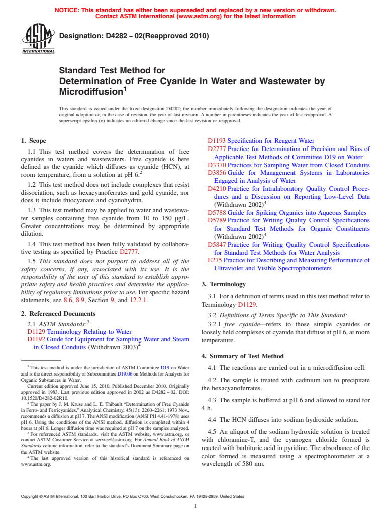 ASTM D4282-02(2010) - Standard Test Method for Determination of Free Cyanide in Water and Wastewater by Microdiffusion