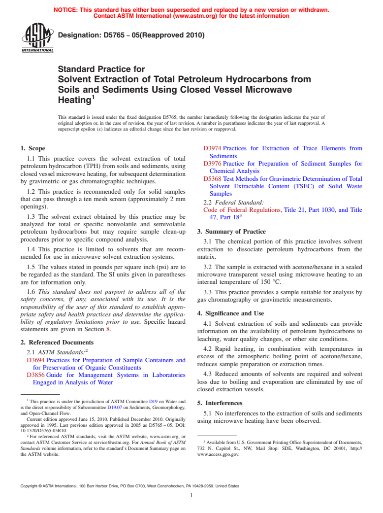 ASTM D5765-05(2010) - Standard Practice for Solvent Extraction of Total Petroleum Hydrocarbons from Soils and Sediments Using Closed Vessel Microwave Heating