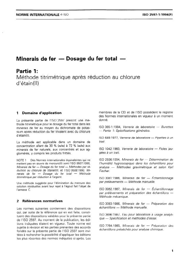ISO 2597-1:1994 - Minerais de fer -- Dosage du fer total