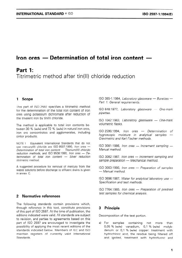 ISO 2597-1:1994 - Iron ores -- Determination of total iron content
