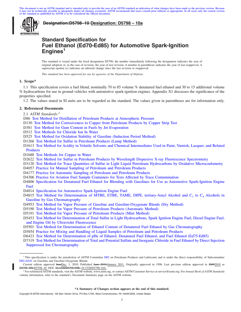 REDLINE ASTM D5798-10a - Standard Specification for Fuel Ethanol (Ed70-Ed85) for Automotive Spark-Ignition Engines