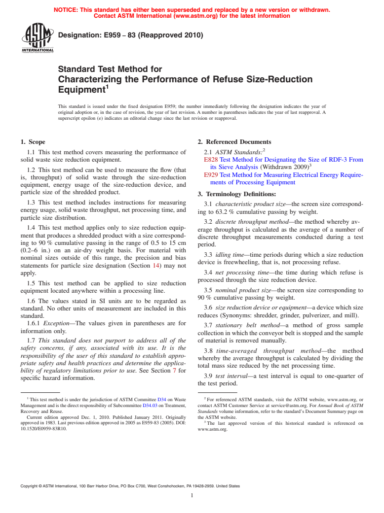 ASTM E959-83(2010) - Standard Test Method for Characterizing the Performance of Refuse Size-Reduction Equipment