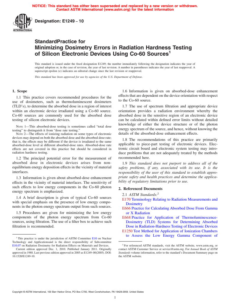 ASTM E1249-10 - Standard Practice for Minimizing Dosimetry Errors in Radiation Hardness Testing of Silicon Electronic Devices Using Co-60 Sources