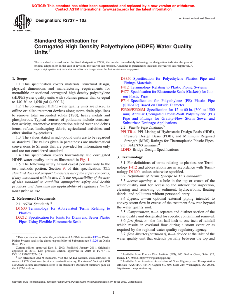 ASTM F2737-10a - Standard Specification for Corrugated High Density Polyethylene (HDPE) Water Quality Units