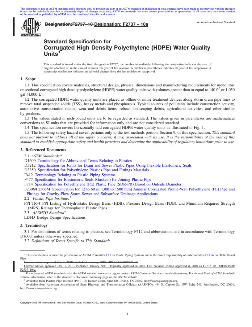 REDLINE ASTM F2737-10a - Standard Specification for Corrugated High Density Polyethylene (HDPE) Water Quality Units